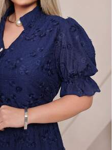 Women's Fashion Midi Dress In 3D Laise Fabric With Elastex On The Back And Button On The Front And Lining - 海軍藍.3d - 查看 5