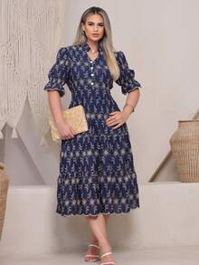 Women's Fashion Midi Dress In 3D Laise Fabric With Elastex On The Back And Button On The Front And Lining - 雙色海軍藍. - 查看 1