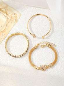 3pcs Luxury Simple Personalized Rhinestone Butterfly & Heart Design Stacking Bangle Bracelet Set For Women, Elegant - 黃金 - 查看 6