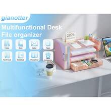 Organizers And Accessories With File Holder, 4-Tier Desk Accessories & Workspace Organizers With Drawer And 2 Pen Holder, Paper Organizer Office Supplies (Gold) - Hồng - Xem 5