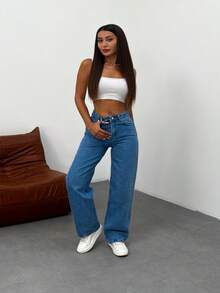 Kadın Koyu Mavi Soluk Efekt Likralı Yüksek Bel Geniş Paça Bol,Salaş Palazzo Jeans - 藍色 - 查看 6