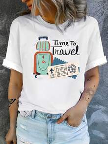[2025 nueva llegada] camiseta de manga corta para mujeres de verano patrón de moda diseño impreso sensación de estilo casual cuello redondo pullover camiseta para mujeres top versátil - Blanco - Ver 1
