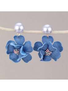 Denim Fabric Rose Flower Three-Dimensional Camellia Handmade Flower Pearl Stud Earrings Women Jewelry - 花蕊#EZ5584-A - 查看 9
