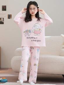 2pcs/Set Flame Retardant Girls Pink Cartoon Sheep Print Crew Neck Long Sleeve Pajama Set