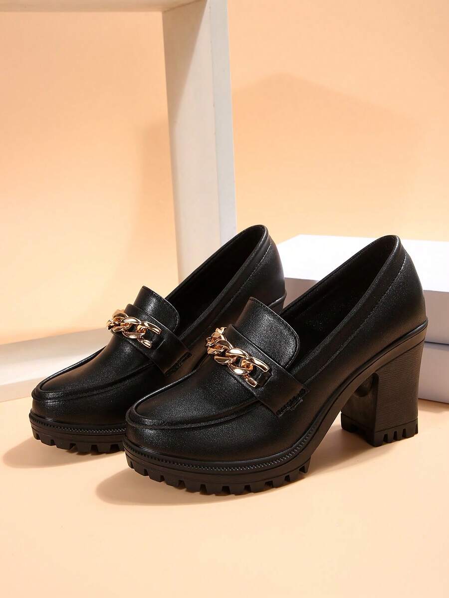 Women's Gold Chain Buckle Loafers, Black Chunky Heel Platform Shoes