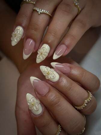 10pcs White & Nude French Almond Nails, Transparent 3D Flower False Nails, Fashionable Minimalist Manicure, Suitable For Holidays And Daily Wear, Great Gift For Women And Girls