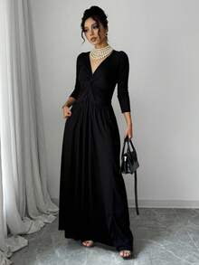 Vestido Sofisticado con Vuelo y Aberturas al frente manga larga escote v vestido formal elegante largo - Negro - Ver 3