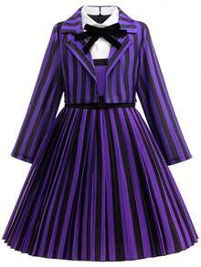 Girls' Striped Dress Set, Halloween Carnival COS Campus Style Costume, Gothic Style Black & Purple Dress With Jacket - Purple - View 1