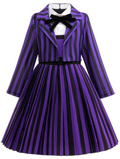 Girls' Striped Dress Set, Halloween Carnival COS Campus Style Costume, Gothic Style Black & Purple Dress With Jacket