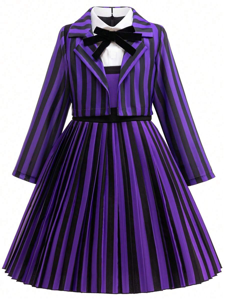 Girls' Striped Dress Set, Halloween Carnival COS Campus Style Costume, Gothic Style Black & Purple Dress With Jacket - Purple - View 1