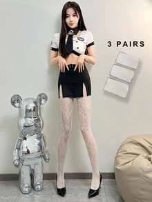 1pc New Vintage Sexy Stockings, Floral Jacquard White Pantyhose, Hollow Lace Net Stockings, Spring/Summer Tights