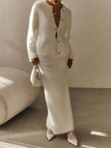 女士优雅休闲纯色两件套，时尚街头蓬松长袖单排扣开衫和裙子针织套装，秋冬 - 白色 - 查看 6