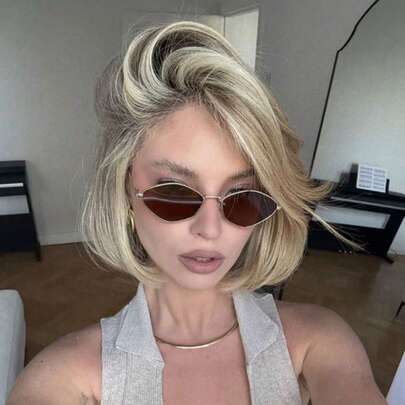 남녀 공용 빈티지 비대칭 메탈 패션 안경, 레트로 90년대 패션 스몰 내로우 골드 프레임 패션 안경, 여름 휴가 외출 휴가 여행 해변 파티 복장에 적합