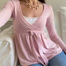 Women Wrap V-Neck Peplum Tops Casual Long Sleeve Tee Shirts Cute Front Twist Tie Knot Shirts Fall Blouses - 粉色 - 查看 2