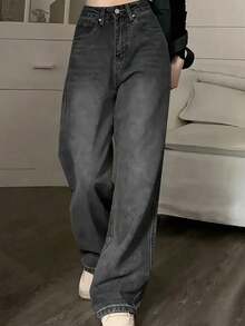 青少年女孩时尚百搭黑色宽腿口袋休闲牛仔裤