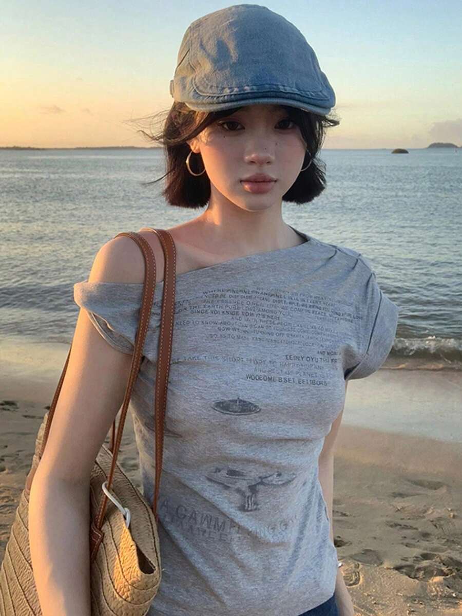 女士不对称肩短袖 T 恤，夏季独特设计短款时尚潮流上衣 - 灰色 - 查看 1