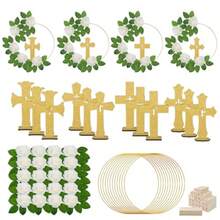 48 Pcs Baptism Centerpiece Decoration For Table First Communion 12 Golden Standing Wood Crosses For Craft 12 Metal Floral Hoop Centerpiece With Stand 24 Foam Fake Rose With Stem Party Wedding Home Decor - 如圖 - 查看 1