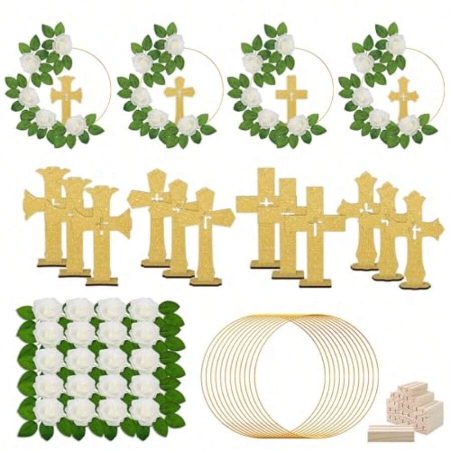48 Pcs Baptism Centerpiece Decoration For Table First Communion 12 Golden Standing Wood Crosses For Craft 12 Metal Floral Hoop Centerpiece With Stand 24 Foam Fake Rose With Stem Party Wedding Home Decor - 如圖 - 查看 1