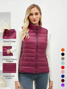 Chaleco corto de plumón ligero con cuello alto para mujer ZIAI, varios colores, casual para exteriores en otoño/invierno - Burdeos - Ver 2