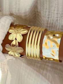 Only 3Pcs Chunky Flower Cuff Bangles Bracelets Set , Women Bracelets Set , Stacked Bangles Jewelry For Women , Chunky Wheels Cuffs Bangle Set - 款式1 - 查看 2