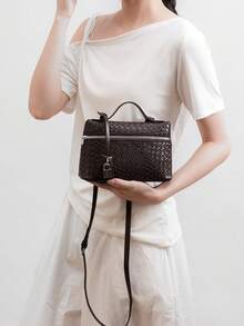 1 件女士高品质纯色 PU 压花编织格子小手提包，女士手提包带手柄，斜挎包，编织手提包，时尚简约优雅多功能经典编织 PU 材质黑色包带金属锁装饰，适合通勤、办公室、约会、日常购物、下午茶等场合 - 彩色 - 查看 12