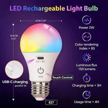 A60 Rechargeable Light Bulb With Remote Control, USB Charging, Type-C Interface, DC 5V, RGB Color Changing & 3 Color Temperatures, 11 Colors Optional, Dimmable Bulb With Timer Function – Suitable For Home Decoration, Ambient Gatherings, Bedrooms, Households And Camping, Compatible With Wireless Table Lamps