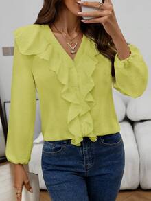 女士时尚优雅休闲荷叶边V领长袖衬衫，春秋季 - 果綠色 - 查看 6