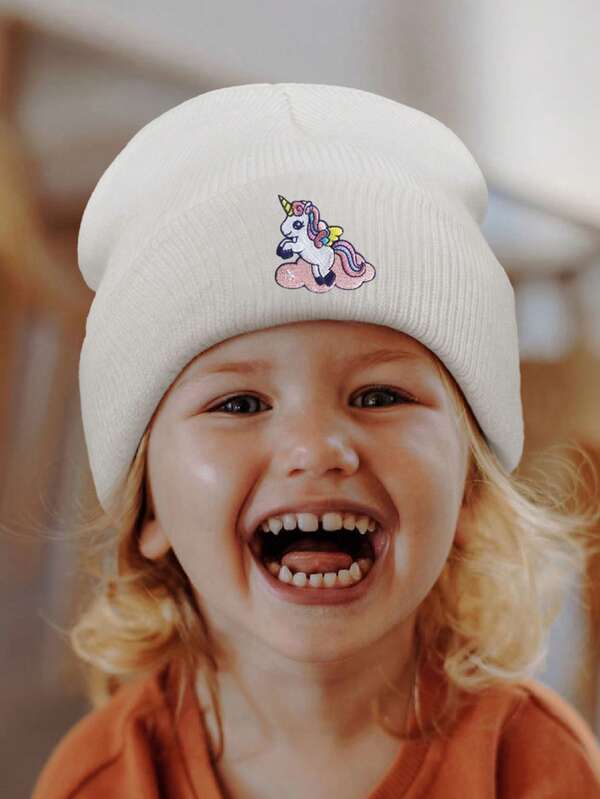 1pc Kids Beanie Hat, Knitted Warm Caps For Boys & Girls, Unicorn Embroidery Acrylic Beanies, Suitable For Autumn/Winter School, Outdoor, Casual, Travel, Party