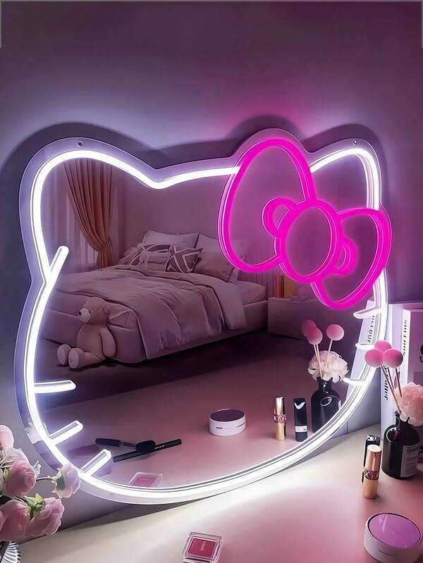 Sanrio 1 pieza Espejo de pared para dormitorio con luces de neón de estilo anime de gato KT, para tocador, vestidor, sala de estar, pasillo, luces de neón, tira de luces LED regulable, decoración para el hogar y el baño, luces de neón LED alimentadas por USB/batería, decoración de pared para dormitorio rosa, adecuado para habitaciones, fiestas de San Valentín, cumpleaños, regalos de boda, hogar, decoración navideña, para regalar a novias, esposas, amigos, accesorios de baño familiares, de vuelta a la escuela