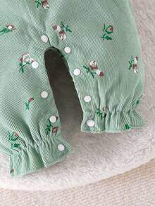 2pcs Baby Girl Ditsy Floral Jumpsuit With Bowknot Decor And Headband, Spring/Autumn - Green - View 9