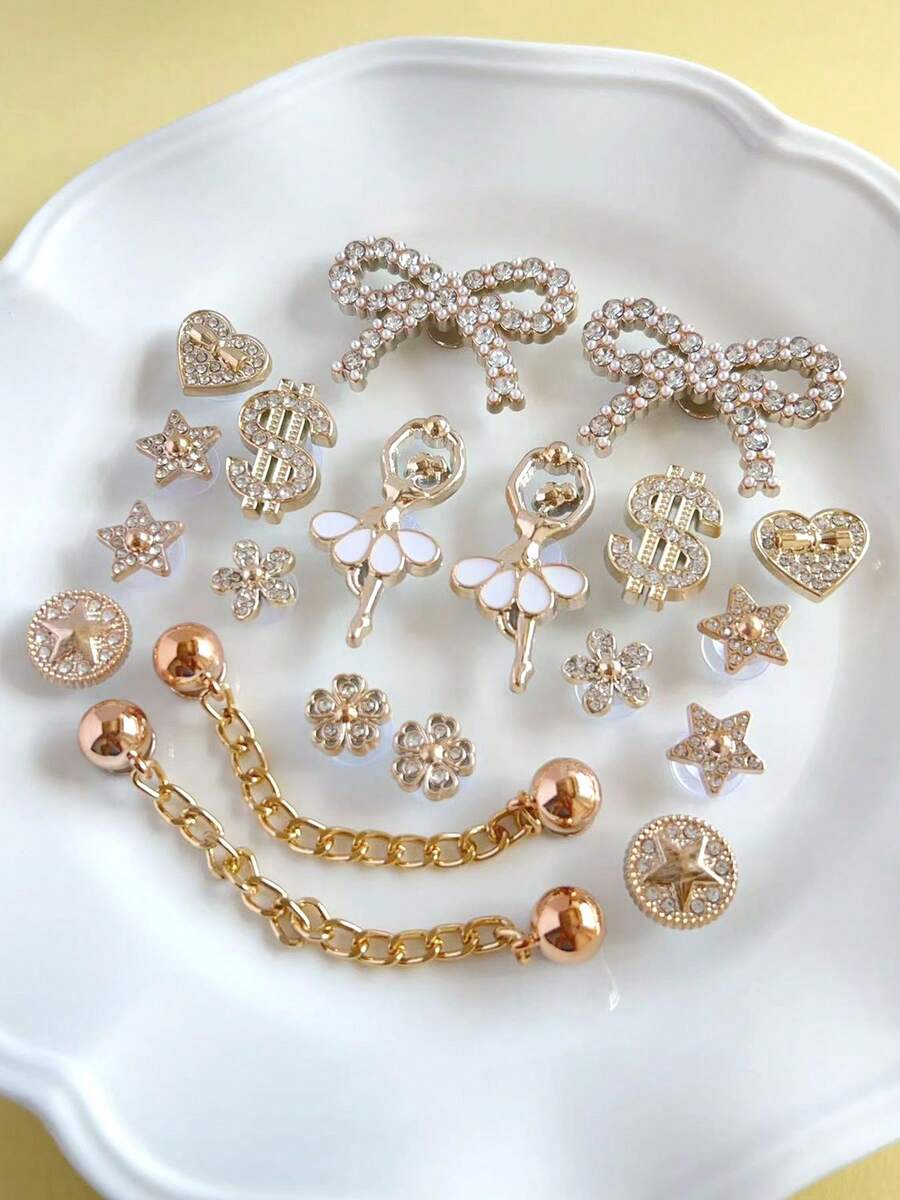 Fashionable Girl Style Clogs Shoes Charms Set - Bow, Dollar Sign, Star & Flower Decor, Shiny Clogs Shoes Accessories - Gold Bow Suit - View 1