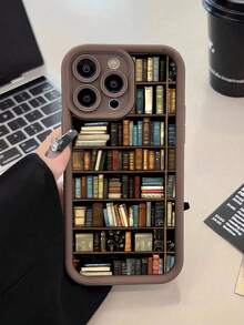 Book 1pc Vintage Bookshelf Pattern Painted Brown TPU Shockproof Phone Case Compatible With Apple 11 Pro Max/12/13/14/14 Plus/15/15 Plus/16/16 Plus, Protective Cover