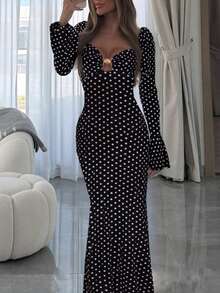 Women's Elegant Commuter, Casual, Versatile Long Sleeve Flare Sleeve Black & White Classic Polka Dot Print Square Neck Dress With Gold Shell Button Decor, Bodycon Fit With Flared Hem, Suitable For Halloween, Christmas Eve, Christmas, Spring Festival, Outing, Gathering With Friends, Shopping, Entertainment, Work, Etc. Basic Jacket Fabric Is Comfortable, Stylish Design, High Cost-Performance, Suitable For Autumn/Winter Wear