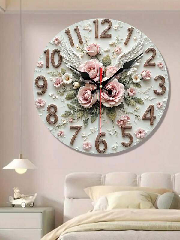 Horloge murale silencieuse avec design de roses roses et d'ailes d'ange - Décoration murale ronde en bois 2D, mouvement silencieux sans tic-tac, fonctionne avec pile AA (piles non incluses), cadeau parfait pour les fêtes ou les occasions spéciales, article cadeau | Horloge murale florale | Construction en bois, horloge murale pour le salon