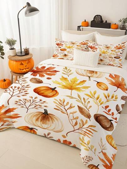 3pcs Autumn Eucalyptus Pumpkin Duvet Cover Set (1*Duvet Cover + 2*Pillowcase, Without Core), Thanksgiving Fall Multicolored Leaves, With Vibrant Fall Leaves & Pumpkins Design,Suitable For All Seasons, Suitable For Hotel, Bedroom, Guest Room And Dormitory Decoration Bedding