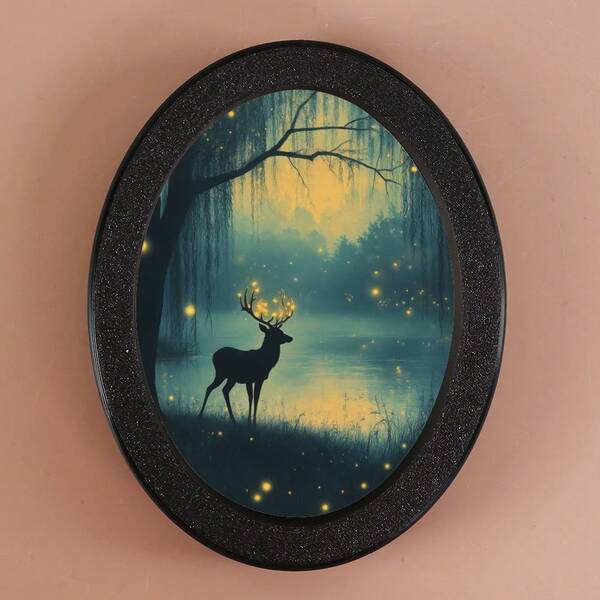1 pezzo Cornice decorativa ovale con cervo curativo, scena notturna di lucciole, decorazione da parete calda