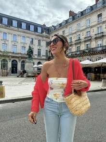 Cardigan LUBI Basic, croială lejeră, cu decolteu în V, siluetă relaxată supradimensionată, material tricotat moale, culoare uni, ținută casual confortabilă pentru primăvară, toamnă și iarnă, potrivită pentru zilnic, naveta, ceaiul de după-amiază, călătorii - roșu - Vizualizare 4