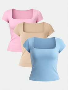 Kit 3 Women's Short Sleeve Suplex Blouse Cold Mesh Basic Blouse - Baby Blue, Nude and Danone Pink - View 1