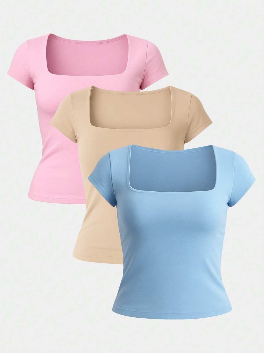 Kit 3 Women's Short Sleeve Suplex Blouse Cold Mesh Basic Blouse - Baby Blue, Nude and Danone Pink - View 1