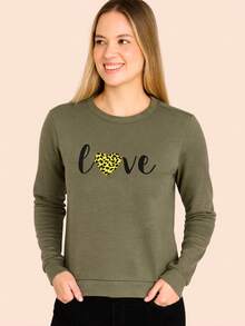 Fleece Blouse With Cuffs And Love Print, Warm Winter - 墨綠色 - 查看 3