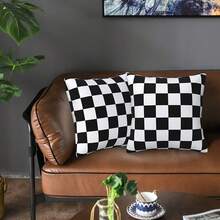 1Pc 18x18 Inch Checkered Pillow Covers Black & White Plaid Square Throw Pillow Cases - Modern Decorative, Machine Washable For Living Room, Bedroom, Outdoor, Bedroom Accessories, Bold Pattern Decor, Easy Care Fabric, Single Sided Print (No Insert), Home Decor, Farmhouse Home Decor - 白色 - 查看 3