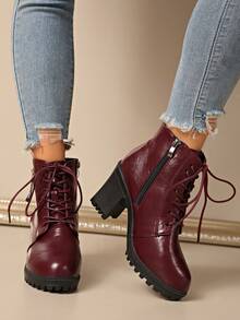 2025 New Women's Boots High Heel Thick Sole Waterproof Platform Ankle Boots, Chunky Heel, British Style, Wine Red, Autumn/Winter