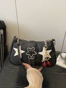 Y2K Casual Crossbody Bag For Women, Star Decor, Adjustable Strap, One Shoulder Bag, Large Capacity Vintage Handbag For Commuting - Black - View 4