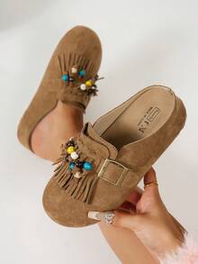 秋冬新款女士厚底鞋，牛津鞋款式，坡跟厚底，休闲套脚鞋，包头设计，流苏串珠装饰，舒适百搭，适合户外旅行、休闲场合及室内穿着，时尚鞋履 - 棕色 - 查看 6