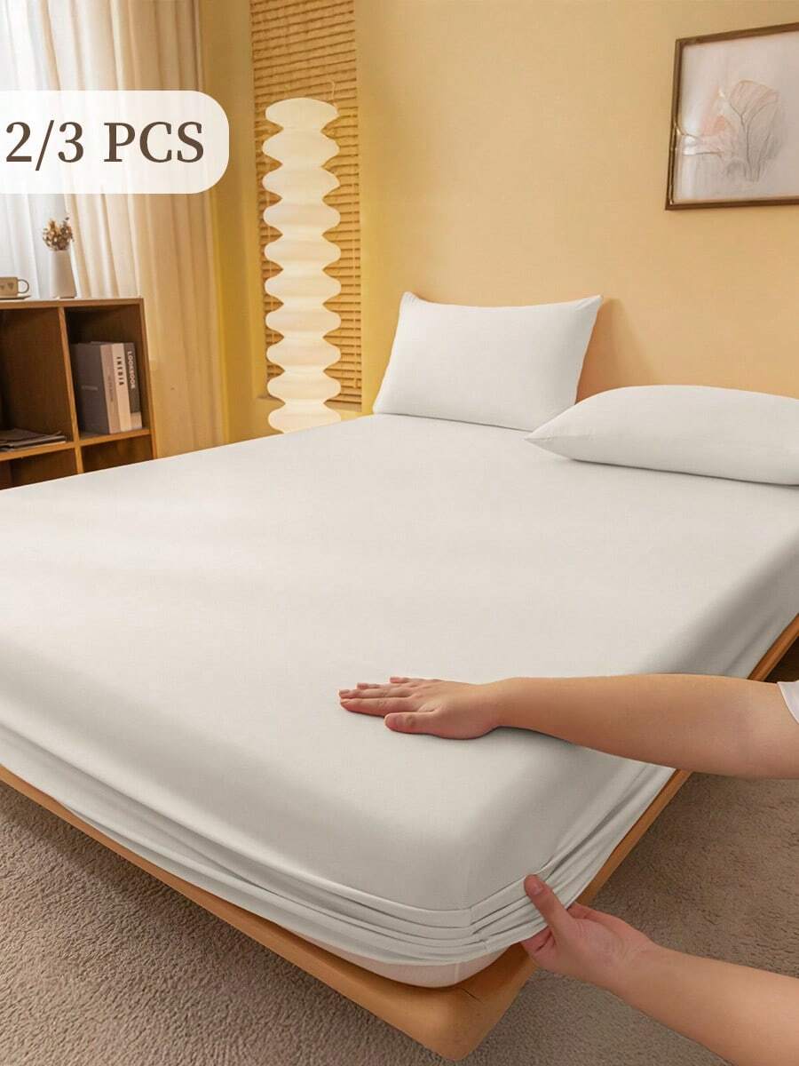 2/3 Pcs Fitted Sheet Set, Bedding, Solid Color Bed Sheet Set, Halloween Decor, Fall Decor, Christmas Decoration, Soft And Comfortable Bedding, Skin-Friendly Bed Cover Set, Room Decor For All Season, Halloween Gift, Mattress Protector For Bedroom, Fits For Single, Twin, Full, Queen And King Size Bed, 1 Fitted Sheet And 1/2 Pillowcases, Machine Washable - 暖白色 - 查看 1