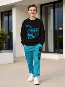 2pcs/Set Older Boys' Casual Gaming Controller Print Long Sleeve Sweatshirt And Pants Suit, Street Fashion Warm Outfit For Spring, Autumn & Winter - Blue - View 1