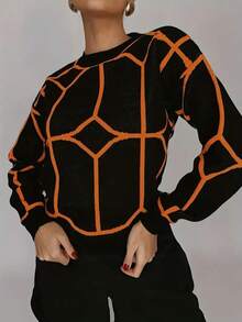 Plus Size Women Geometric Pattern Round Neck Drop Shoulder Long Sleeve Casual Pullover Sweater, Autumn/Winter