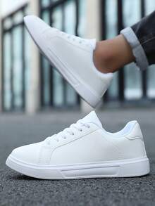 Men's White Leather Casual Sneakers - Classic Comfort With Dark Denim Style For Urban Everyday Wear, Year-Round Shoes For Men​ - trắng - Xem 2