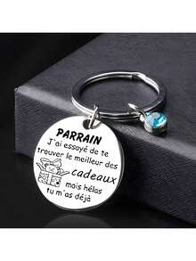 1pc Stainless Steel Godfather Keychain, French Engraved Text, Handprint Pendant, Round Ring With Engraved Text Christmas Gift Ideas - Silver - View 11