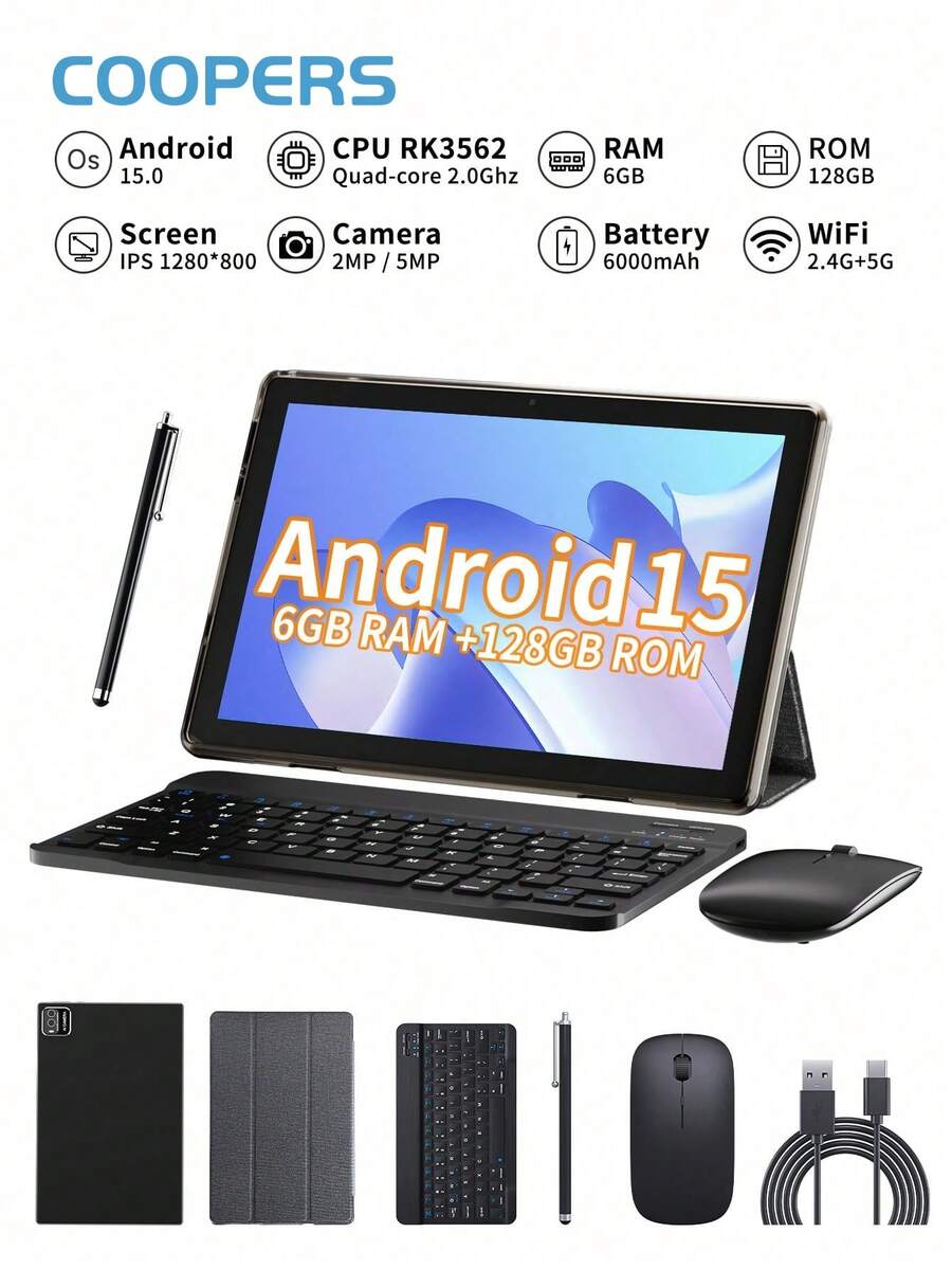 Coopers WiFi Tablet With Case, 10 Inch Android 15 Tablet PC, RK3562 4-Core 2.0Ghz/6GB RAM+128GB ROM/2MP+5MP Dual Camera/IPS Touch Screen/2.4G+5G WiFi/BT 5.0/6000mAh/ Certified Tablet PC With Keyboard Mouse Stylus Protective Case, Support Widevine L1(No Adapter) - Black - View 1